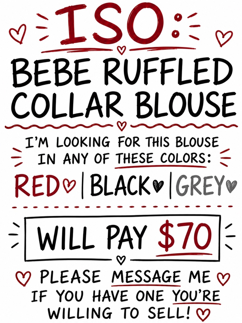 ISO- Bebe Ruffled Collar Blouse - Red, Black, Grey